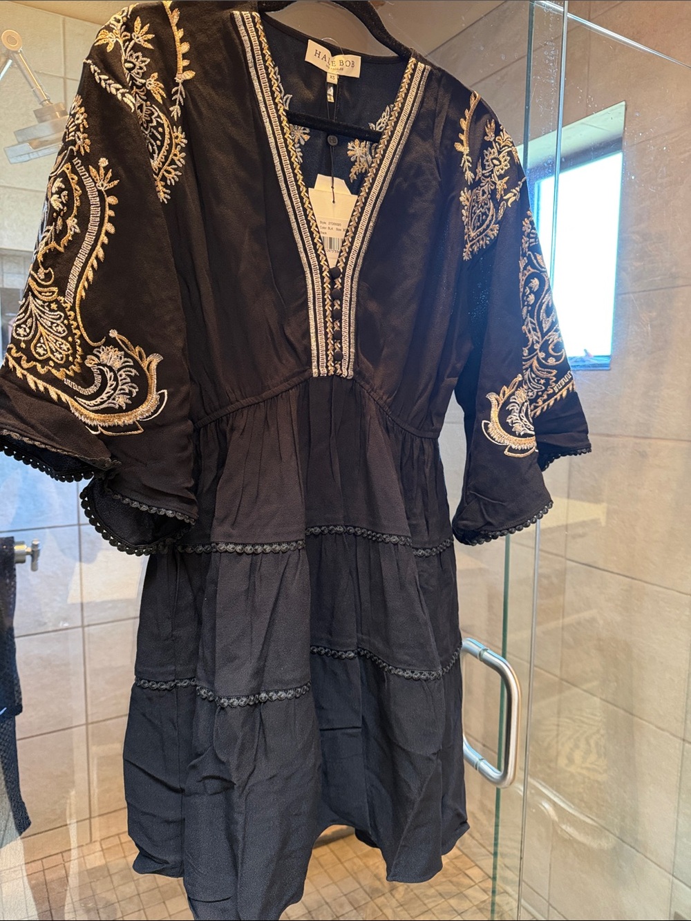 Hale Bob Black Mini Dress with Cream Embroidery Accents